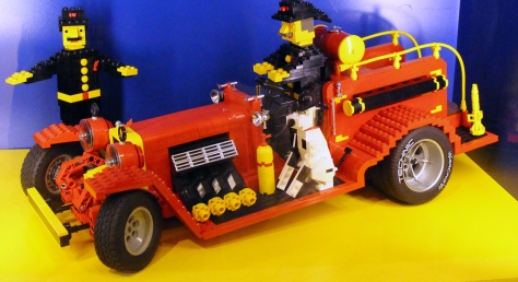 Vancouver Lego Club member Paul Hetherington’s structure, titled “Firetruck Hotrod,” is displayed at Oakridge Centre’s Lego store. (Ashley Legassic)